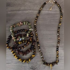 Five Piece Tiger Eye Stone Bracelet And Necklace Set 8 Mm Unisex Design